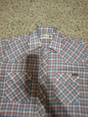 ROEBUCKS Men’s Red & Blue Plaid Western Shirt With Pearl Snaps. Vintage.